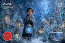 scene of a snowy fantasy forest with lanterns, ideal for holiday photo sessions