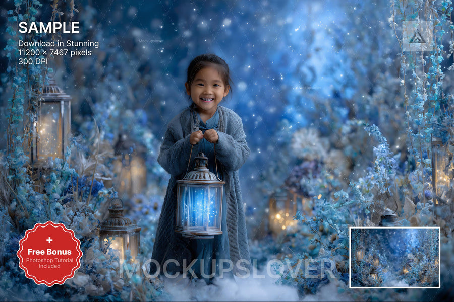 scene of a snowy fantasy forest with lanterns, ideal for holiday photo sessions