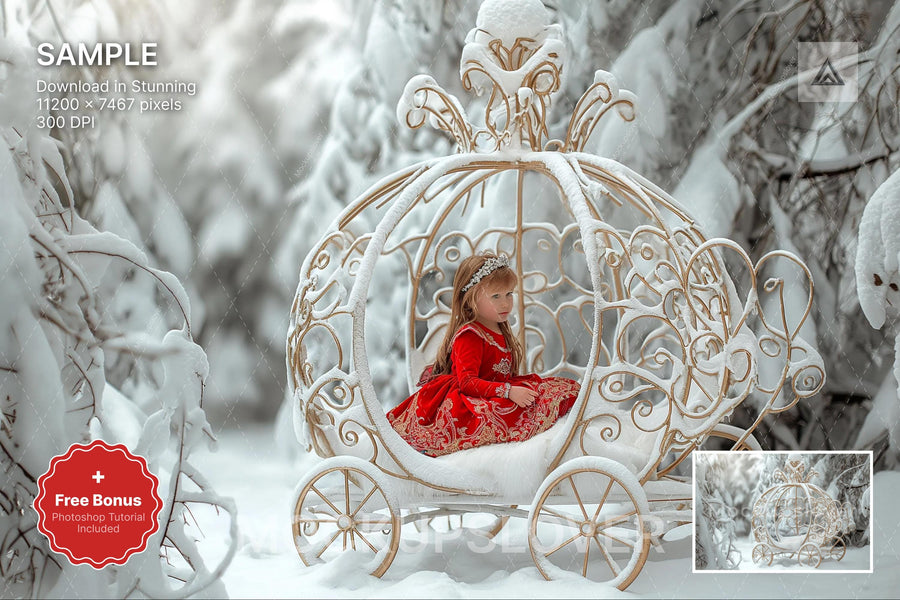 digital princess scene with winter wonderland backdrop, festive forest, holiday props