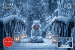 frozen princess on a winter bridge; fantasy forest christmas backdrop for digital photo editing