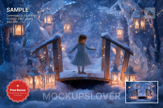 winter fantasy forest bridge scene with lanterns, perfect for holiday photos and kids' portraits