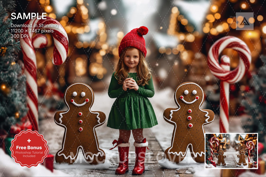gingerbread cookies scene with winter landscape background and festive props
