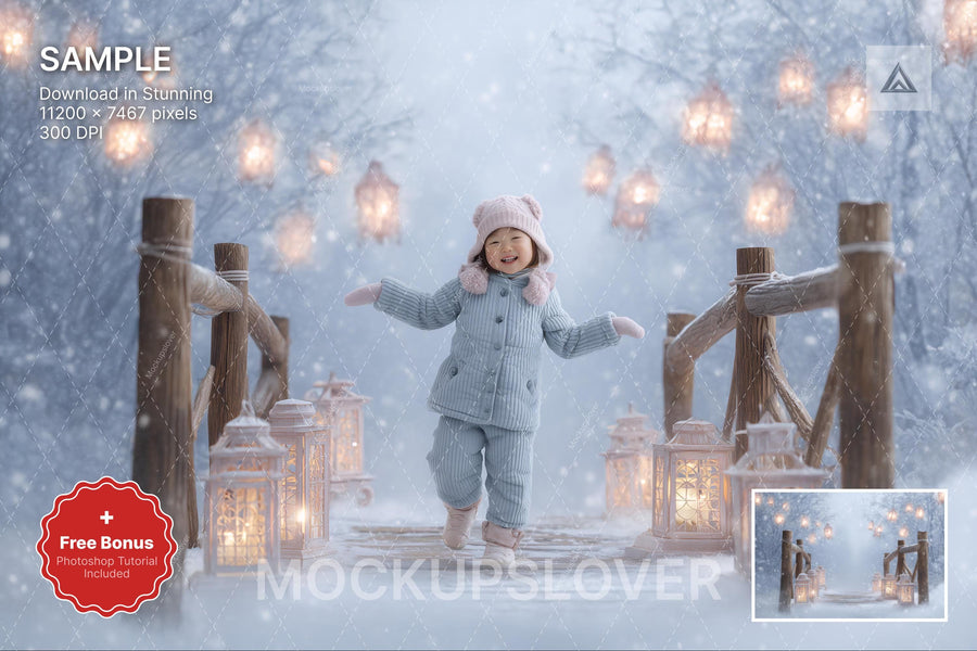 winter wonderland digital backdrop with fantasy forest bridge and lanterns, ideal for holiday photo shoots