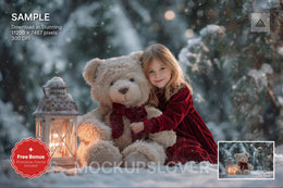 christmas teddy bear scene with winter landscape and woodland creatures, suitable for holiday photo backgrounds