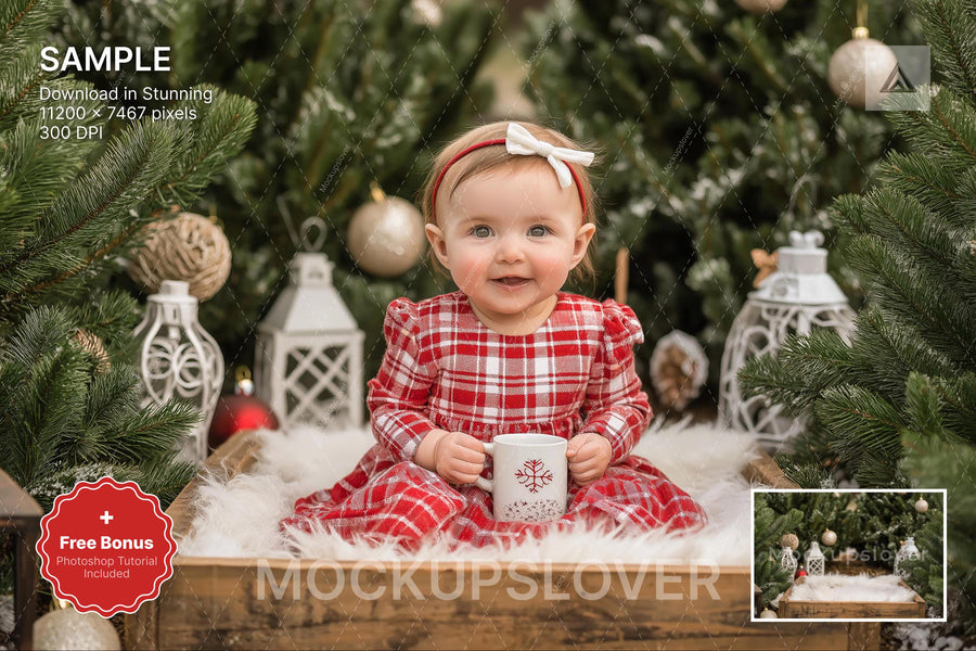 baby in rustic christmas scene with tree farm for holiday studio photos