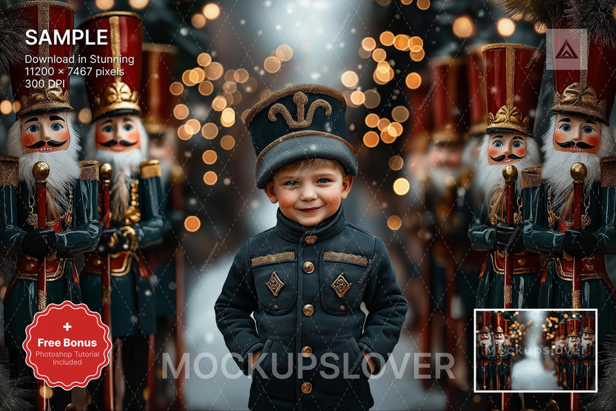 christmas nutcracker figure in winter scene, suitable for holiday portraits and digital backgrounds