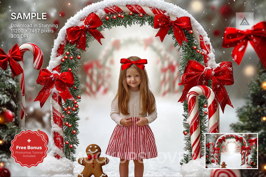 candy cane and gingerbread scene, holiday kids prop, christmas backdrop, festive photo background