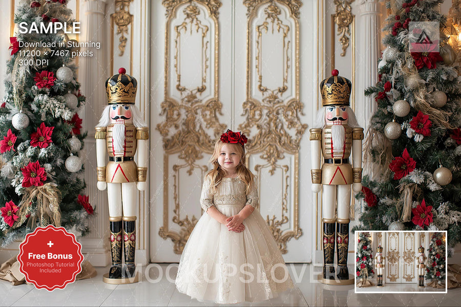 nutcracker ballet scene with winter landscape background and festive props