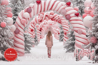 digital backdrop with pink christmas theme and candy cane arch, ideal for holiday photo shoots