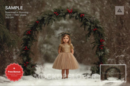 christmas digital background with snowy forest arch, holiday kids prop, winter wonderland scene, photoshop & canva template
