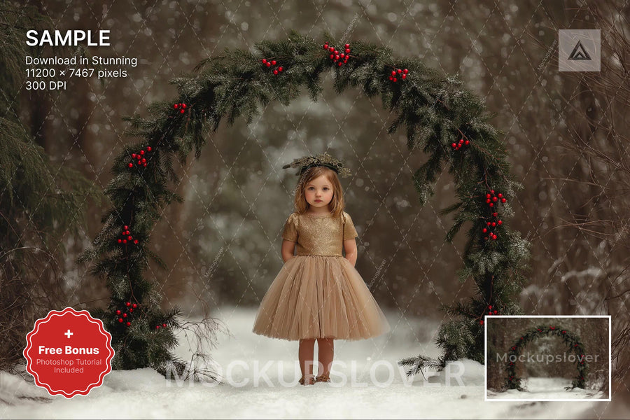 christmas digital background with snowy forest arch, holiday kids prop, winter wonderland scene, photoshop & canva template