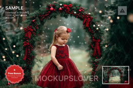 christmas digital backdrop with pine tree arch in fantasy forest, ideal for holiday photo shoots