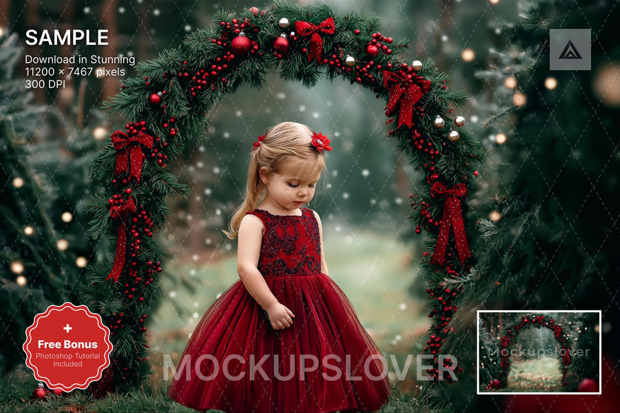 christmas digital backdrop with pine tree arch in fantasy forest, ideal for holiday photo shoots