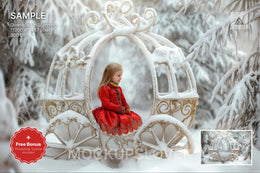 scene of a snowy fantasy forest with christmas elements, suitable for holiday photo shoots