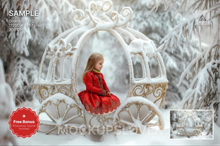 scene of a snowy fantasy forest with christmas elements, suitable for holiday photo shoots