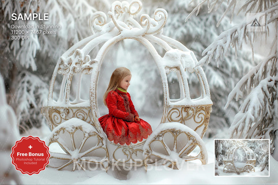 scene of a snowy fantasy forest with christmas elements, suitable for holiday photo shoots