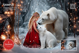 christmas digital backdrop with polar bear and woodland creatures in a fantasy winter wonderland