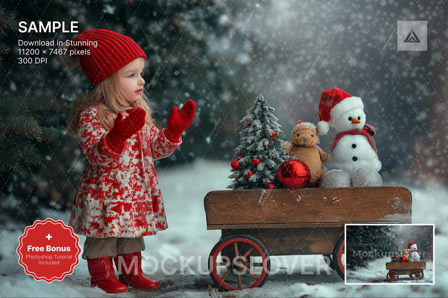 winter scene with rustic christmas elements, farm cart, and holiday atmosphere, suitable for kids and family portraits