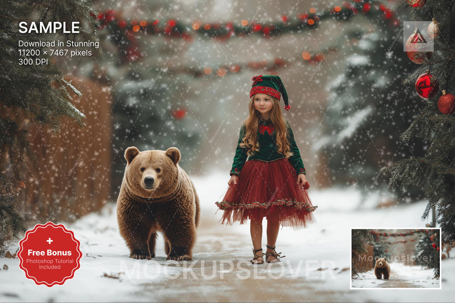 woodland scene with christmas trees and brown bear, holiday kids prop, digital backdrop for festive photos