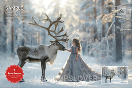 reindeer in winter forest scene, holiday backdrop, christmas woodland background, photoshop template