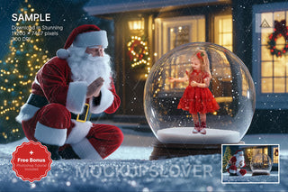 santa's snow globe scene with winter landscape background and festive props