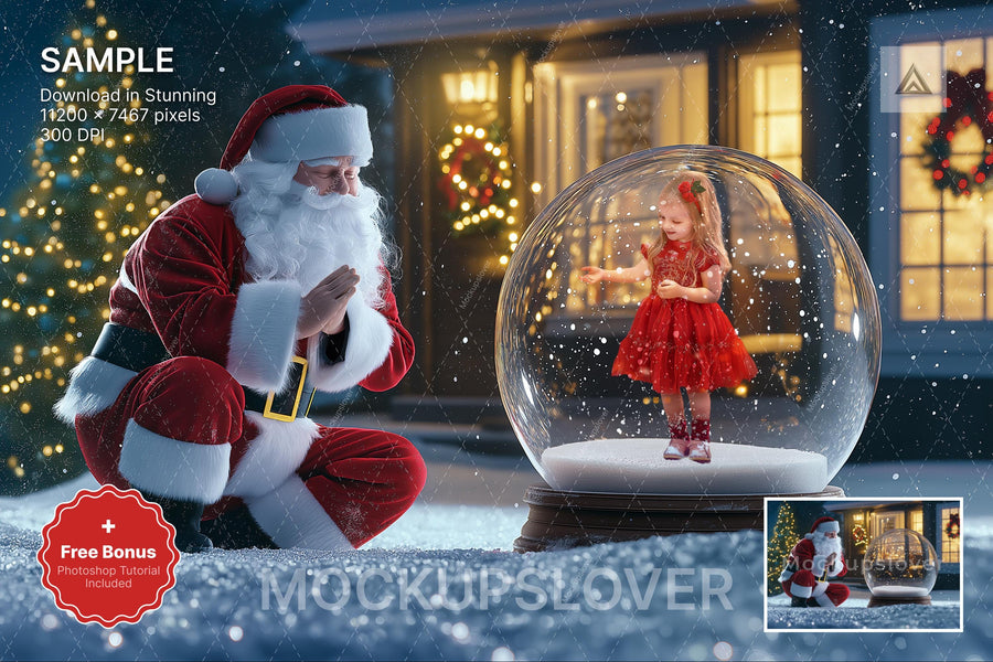 santa's snow globe scene with winter landscape background and festive props