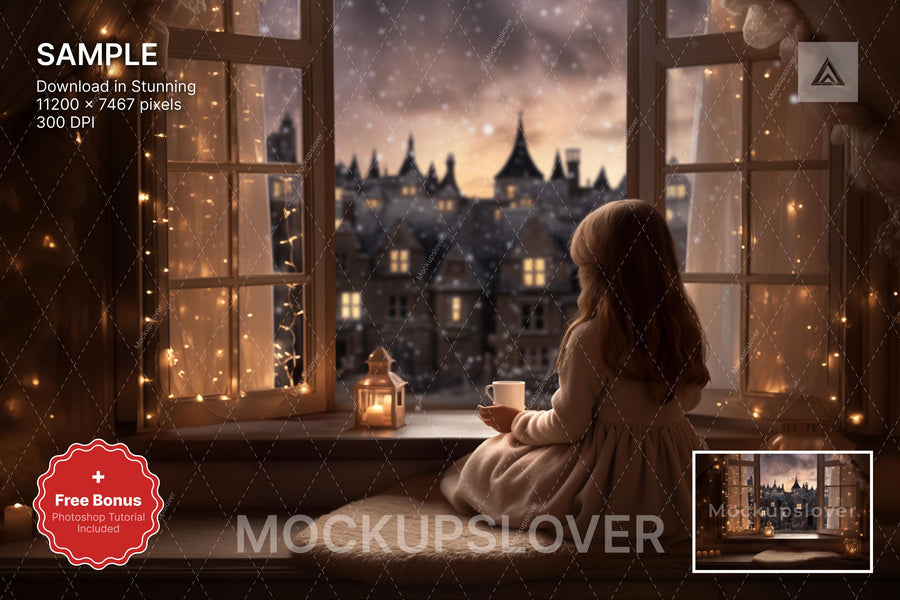 christmas window scene with rustic farmhouse backdrop, ideal for holiday photo props and winter portraits