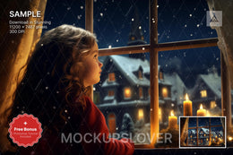 christmas window digital backdrop featuring rustic farmhouse scene, perfect for holiday portraits