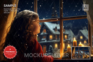 christmas window digital backdrop featuring rustic farmhouse scene, perfect for holiday portraits