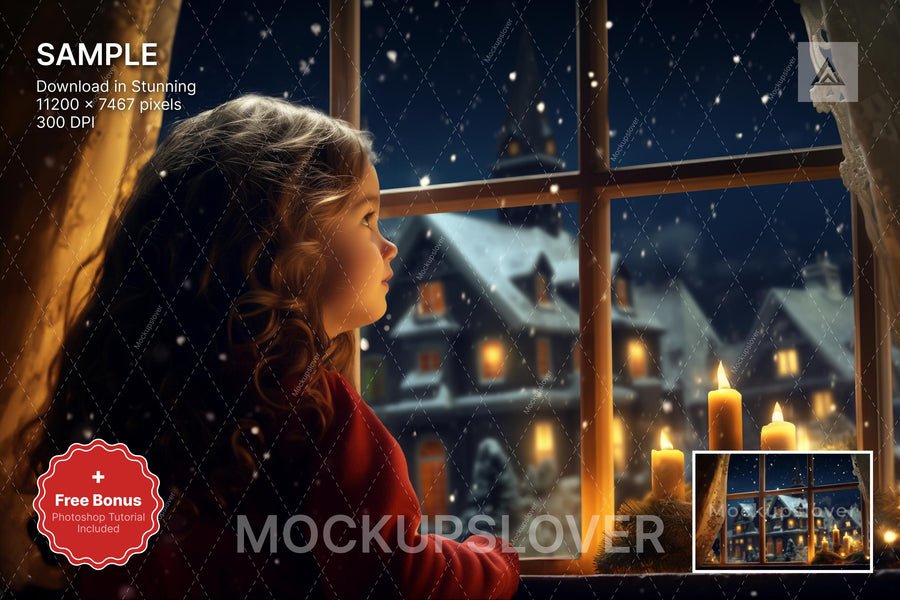 christmas window digital backdrop featuring rustic farmhouse scene, perfect for holiday portraits