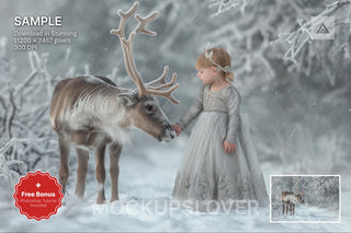 snowy reindeer in winter forest, holiday backdrop with woodland creatures for kids photography