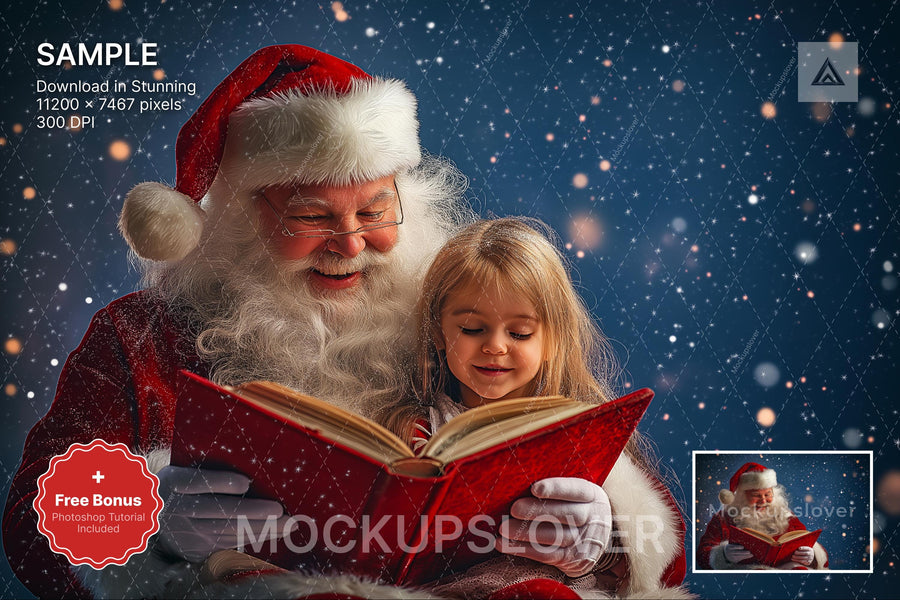 christmas story digital backdrop featuring santa claus and winter scene, ideal for holiday photo shoots