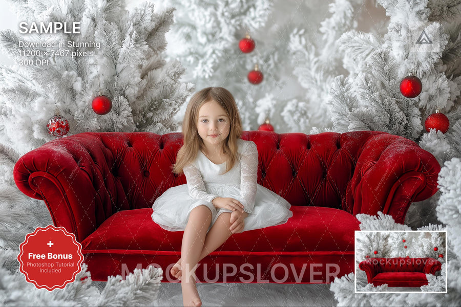 christmas studio backdrop with winter scene and red sofa, ideal for holiday portraits