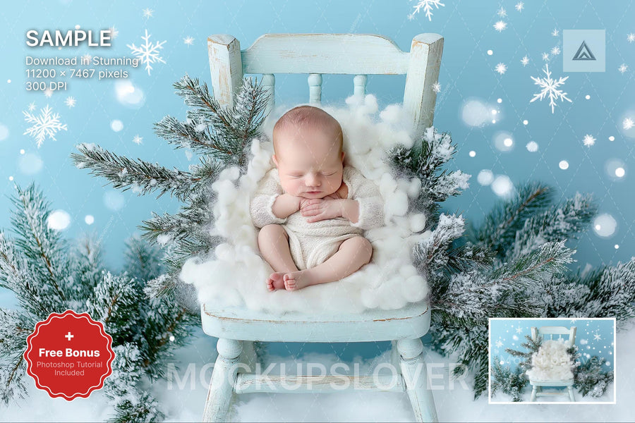 newborn baby in winter wonderland scene with snowflakes and pine branches, holiday backdrop for photography