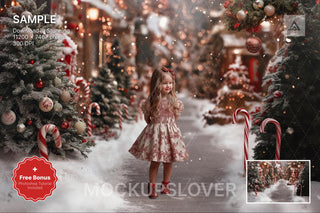 scene of a rustic christmas village with candy canes and holiday decorations, perfect for kids photography