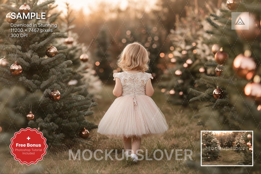 kids posing in rustic christmas tree farm, vintage holiday setting with winter wonderland backdrop