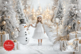 christmas snowman scene with winter landscape background and festive props