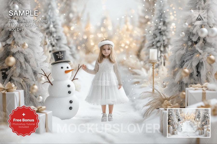 christmas snowman scene with winter landscape background and festive props