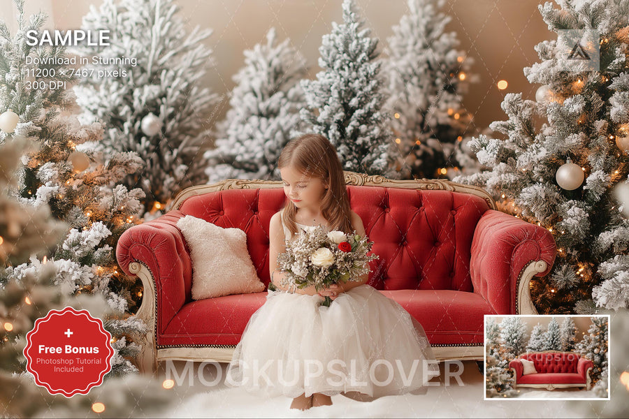 christmas scene with red sofa and winter backdrop, perfect for holiday photo shoots