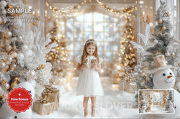 christmas snowman scene with winter landscape background and festive props