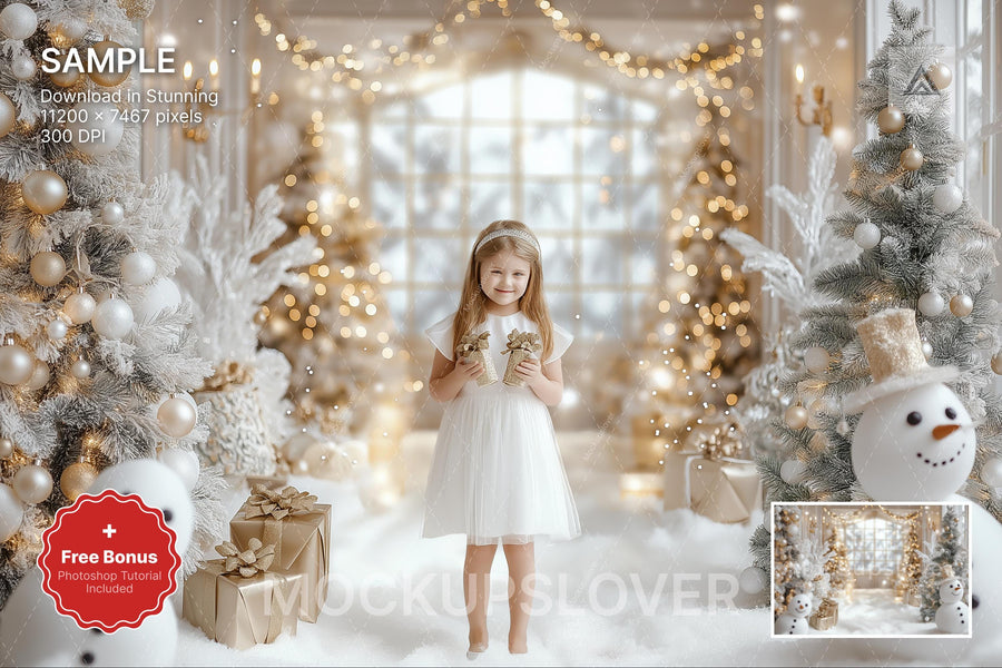 christmas snowman scene with winter landscape background and festive props