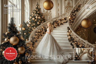 digital christmas backdrop featuring princess castle and winter wonderland scene, ideal for holiday photo shoots
