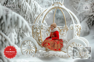 christmas carriage scene with winter backdrop, holiday photo prop, festive forest background, winter wonderland setting