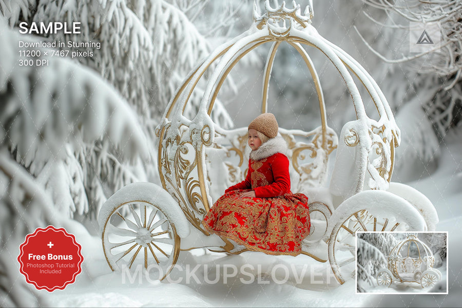 christmas carriage scene with winter backdrop, holiday photo prop, festive forest background, winter wonderland setting