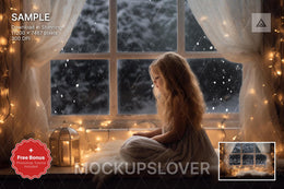 christmas window scene with twinkle lights, lantern backdrop, ideal for holiday photos