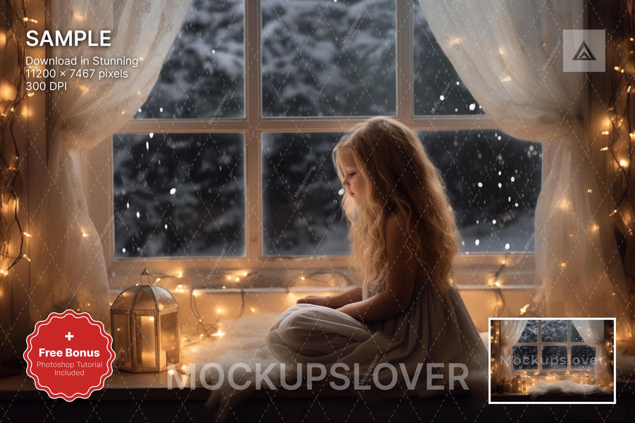 christmas window scene with twinkle lights, lantern backdrop, ideal for holiday photos
