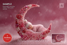 baby in pink christmas scene with crescent moon and candyland prop for studio photos