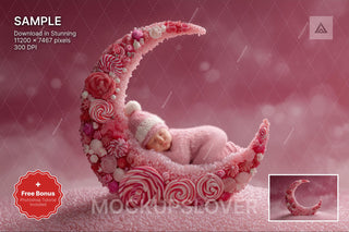 baby in pink christmas scene with crescent moon and candyland prop for studio photos