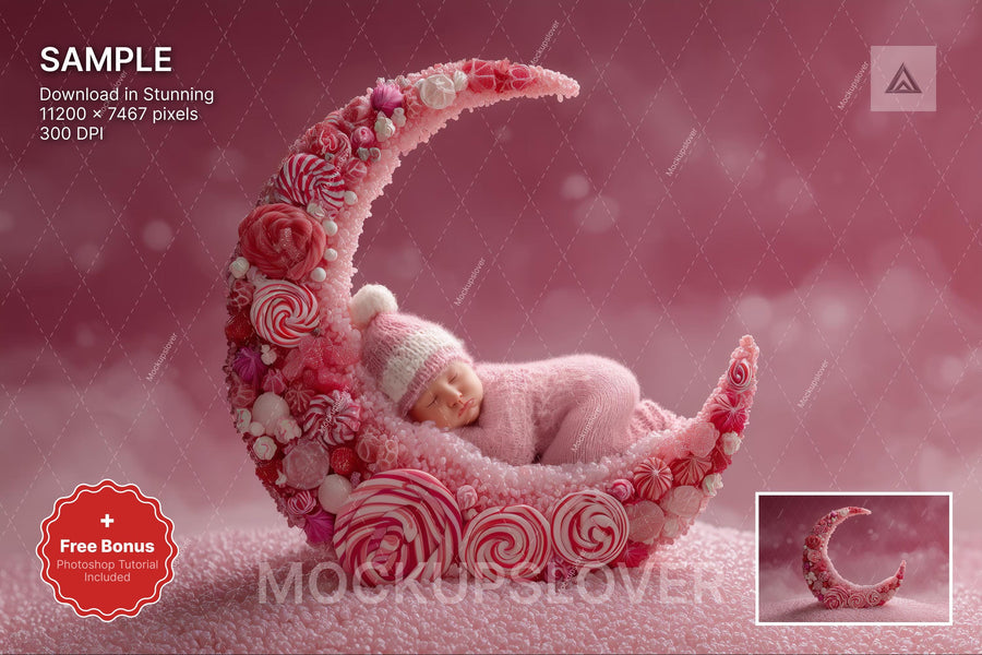 baby in pink christmas scene with crescent moon and candyland prop for studio photos
