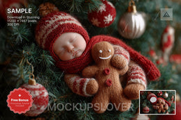 christmas gingerbread baby face swap overlay scene, festive holiday backdrop for newborn photos